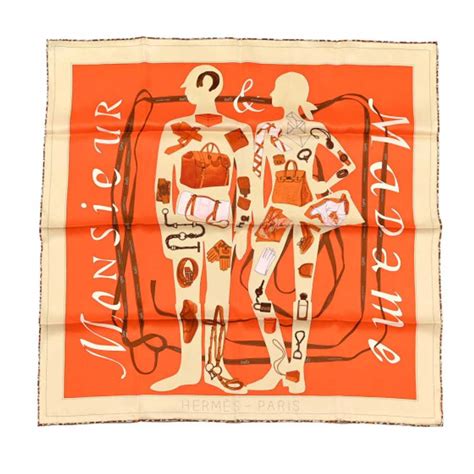 HERMES Vintage Silk Monsieur Et Madame Scarf 70 Creme